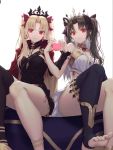  absurdres armlet asymmetrical_legwear asymmetrical_sleeves bangs bare_shoulders between_breasts black_cape black_hair black_legwear blonde_hair blush breasts bridal_gauntlets buckle cape crown detached_collar dress earrings elbow_gloves ereshkigal_(fate/grand_order) eyebrows_visible_through_hair fate/grand_order fate_(series) fur-trimmed_cape fur_trim gloves hair_ribbon heart heart_hands hiera12 highres hoop_earrings ishtar_(fate/grand_order) jewelry long_hair long_legs looking_at_viewer medium_breasts multicolored multicolored_cape multicolored_clothes multiple_girls navel neck_ring necklace parted_bangs red_cape red_eyes ribbon sidelocks single_elbow_glove single_sleeve single_thighhigh sitting skull smile spine thigh-highs tiara toeless_legwear two_side_up yellow_cape 
