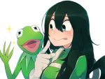  1girl asui_tsuyu black_eyes black_hair blush boku_no_hero_academia breasts gloves happukiri kermit_the_frog long_hair open_mouth star sweatdrop tagme tongue tongue_out white_background white_gloves 