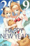  2019 2girls :d ;d animal animal_on_head artoria_pendragon_(all) bikini black_bow blonde_hair blue_sky bow bracelet breasts cleavage clouds collarbone day eyebrows_visible_through_hair fate/grand_order fate_(series) green_eyes grey_scrunchie hair_bow hair_ornament hair_scrunchie happy_new_year high_ponytail holding holding_animal jewelry long_hair miniskirt mordred_(fate)_(all) mordred_(swimsuit_rider)_(fate) multiple_girls new_year on_head one_eye_closed open_mouth palm_tree pleated_skirt red_bikini saber_lily scrunchie shirt side-tie_bikini sideboob skirt sky sleeveless sleeveless_shirt smile sparkle standing swimsuit touru_10ru tree twitter_username white_shirt white_skirt 