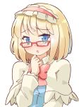  1girl :o alice_margatroid arnest bangs bespectacled blonde_hair blue_dress blue_eyes blush bow bowtie capelet commentary_request dress eyebrows_visible_through_hair frilled_hairband frills glasses hairband hand_up lolita_hairband long_sleeves looking_at_viewer looking_over_eyewear parted_lips red-framed_eyewear red_bow red_hairband red_neckwear shirt short_hair simple_background solo touhou upper_body white_background white_capelet white_shirt wing_collar 