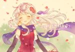  1girl 566zzz bird blue_scarf closed_eyes copyright_name dress elbow_gloves fire_emblem fire_emblem:_akatsuki_no_megami flower gloves hair_flower hair_ornament long_hair micaiah nintendo open_mouth petals scarf silver_hair sleeveless sleeveless_dress upper_body yune 