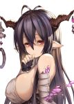  1girl antenna_hair bandage bandaged_arm bandages black_gloves black_hair blush breasts danua draph eyebrows_visible_through_hair fingerless_gloves gloves granblue_fantasy hair_between_eyes horns large_breasts long_hair looking_at_viewer pointy_ears red_eyes simple_background solo takahan thumb_sucking upper_body white_background 