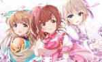  3girls :d akisaka_yamoka anastasia_(idolmaster) bare_shoulders blue_eyes blue_ribbon bow breasts brown_eyes brown_hair commentary_request detached_sleeves eyebrows_visible_through_hair hair_bow hair_ribbon highres idol idolmaster idolmaster_cinderella_girls idolmaster_cinderella_girls_starlight_stage igarashi_kyouko long_hair looking_at_viewer medium_breasts multiple_girls open_mouth pink_bow puffy_short_sleeves puffy_sleeves purple_bow ribbon short_hair short_sleeves side_ponytail silver_hair smile upper_body yorita_yoshino 