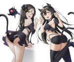 2girls :o @_@ aliceblue animal_ears ass back bangs bare_shoulders bent_over black_dress black_footwear black_hair black_panties black_shorts blush boots breasts butt_crack cat_ears cat_tail choker crop_top crop_top_overhang detached_sleeves dinergate_(girls_frontline) dreamer_(girls_frontline) dress eyebrows_visible_through_hair girls_frontline hair_between_eyes hand_up hands_up headgear high_heel_boots high_heels highres judge_(girls_frontline) leg_up long_hair looking_at_viewer looking_back medium_breasts multiple_girls open_mouth panties revealing_clothes sangvis_ferri short_shorts shorts shoulder_blades sidelocks simple_background solo standing sweatdrop tail tail_cutout tearing_up thigh-highs thigh_boots thighs twintails underwear white_background yellow_eyes 