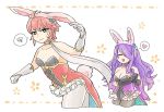  2girls animal_ears black_gloves breasts bunny_tail camilla_(fire_emblem_if) choker cleavage closed_eyes closed_mouth fake_animal_ears fake_tail fire_emblem fire_emblem_heroes fire_emblem_if flyer_27 frilled_choker frills gloves hair_over_one_eye heart hinoka_(fire_emblem_if) large_breasts leotard long_hair multiple_girls nintendo open_mouth own_hands_together purple_hair rabbit_ears redhead short_hair small_breasts spoken_heart tail white_gloves white_legwear 