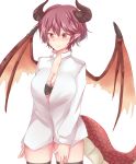  1girl black_bra black_legwear blush bra breasts cleavage dragon_horns dragon_tail dragon_wings dress_shirt granblue_fantasy grea_(shingeki_no_bahamut) highres horns large_breasts looking_at_viewer manaria_friends nyaku open_clothes open_shirt pointy_ears shirt simple_background solo tail thigh-highs underwear white_background white_shirt wings 