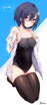  1girl artist_name bare_shoulders black_legwear black_swimsuit blue_background blue_eyes blue_hair breasts buttons cleavage collarbone cursive dress_shirt full_body glasses hands_up highres kinona long_sleeves looking_at_viewer medium_breasts no_shoes off_shoulder one-piece_swimsuit open_clothes open_shirt original parted_lips red-framed_eyewear semi-rimless_eyewear shirt short_hair sidelocks solo swimsuit thigh-highs two-tone_background under-rim_eyewear white_background white_shirt 