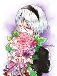  1girl black_hairband bob_cut bouquet closed_eyes commentary eyebrows_visible_through_hair eyelashes eyes_visible_through_hair flower hairband hidden_mouth holding holding_bouquet long_eyelashes nier_(series) nier_automata no_blindfold pink_flower puffy_sleeves purple_flower short_hair silver_hair sketch_eyebrows solo twitter_username upper_body yorha_no._2_type_b 