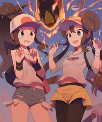  2girls bag baseball_cap black_legwear black_vest brown_hair creatures_(company) curly_hair denim denim_shorts double_bun fire game_freak gen_5_pokemon green_eyes hat long_bangs long_hair long_ponytail mei_(pokemon) multiple_girls nintendo open_poke_ball poke_ball pokemon pokemon_(creature) pokemon_(game) pokemon_bw pokemon_bw2 shirt shorts surprised tepig tomioka_jirou touko_(pokemon) twintails very_long_hair vest visor_cap white_shirt wristband yellow_shorts 