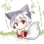  1girl animal_ear_fluff animal_ears bamboo bangs barefoot chibi closed_mouth eyebrows_visible_through_hair fox_ears fox_girl fox_tail fur-trimmed_kimono fur_trim grey_hair hair_between_eyes hair_ornament head_tilt holding japanese_clothes kimono looking_at_viewer obi original pink_kimono ponytail red_eyes sash short_hair smile snow solo standing tail translated white_background yuuji_(yukimimi) 