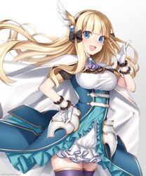  1girl blonde_hair blue_eyes breasts dress elf gloves hattori_masaki headband headgear large_breasts long_hair pointy_ears princess_connect! princess_connect!_re:dive sasaki_saren short_sleeves smile solo thigh-highs 