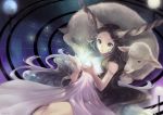  1girl animal armband arms_up blue_eyes brown_hair commentary_request crystal dress glowing grid_background hair_spread_out high_collar highres horns leaning_back lips long_hair looking_down open_hands original oversized_animal parted_lips planet purple_dress sheep sitting sleeveless sleeveless_dress sparkle tsuyu_(gunjooo9) very_long_hair 