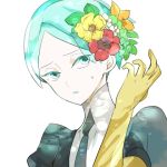  1other androgynous aqua_eyes aqua_hair colored_eyelashes crystal_hair flower gem_uniform_(houseki_no_kuni) golden_arms hair_flower hair_ornament houseki_no_kuni looking_at_viewer lowres necktie phosphophyllite portrait short_hair shumiko_(kamenokoueki) solo sweatdrop upper_body white_background 