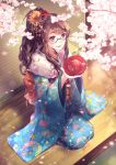  1girl :d alcohol blue-framed_eyewear blue_kimono brown_eyes brown_hair cherry_blossoms cup floral_print flower full_body fur-trimmed_kimono fur_trim glasses hair_flower hair_ornament highres holding holding_cup japanese_clothes kimono kneeling long_hair long_sleeves looking_at_viewer momoko_(momoko14) obi open_mouth outdoors ponytail print_kimono red_flower sakazuki sake sash semi-rimless_eyewear smile solo starly_girls under-rim_eyewear wide_sleeves yellow_flower yukata 