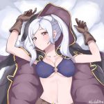  1girl bed belly_button bikini blush breasts brown_gloves cape cleavage female_my_unit_(fire_emblem:_kakusei) fire_emblem fire_emblem:_kakusei fire_emblem_heroes gloves grey_hair grimmelsdathird highres intelligent_systems large_breasts leather leather_gloves lying my_unit_(fire_emblem:_kakusei) navel nintendo o-ring o-ring_bikini on_back red_eyes solo twitter_username 