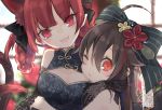  2girls :3 :d ahoge alternate_costume alternate_hairstyle animal_ear_fluff animal_ears arm_around_shoulder black_dress black_ribbon blurry blurry_background blush bow braid breasts brown_hair cat_ears cat_tail china_dress chinese_clothes commentary_request dress elbow_gloves floral_print gloves grey_bow hair_bow hair_ribbon hair_rings head_tilt hug kaenbyou_rin lens_flare light_particles long_hair looking_at_viewer medium_breasts multiple_girls multiple_tails nekomata one_eye_closed open_mouth pointy_ears portrait red_eyes redhead reiuji_utsuho ribbon signature sleeveless sleeveless_dress smile striped striped_bow tail touhou toutenkou twin_braids two_tails upper_body window 