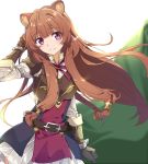  1girl animal_ears bangs belt blunt_bangs blush breasts brown_hair cape dress eyebrows_visible_through_hair gloves long_hair long_sleeves medium_breasts raccoon_ears raccoon_tail raphtalia ribbon skirt smile solo tail tate_no_yuusha_no_nariagari tsuedzu violet_eyes 