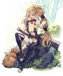  1girl :d absurdres bangs belt blonde_hair blue_eyes boots boulder breasts cleavage cozy creature elf food grass highres long_hair looking_at_viewer open_mouth original parted_bangs pointy_ears ponytail sack sitting smile solo sword teeth thigh-highs thigh_boots toeless_legwear very_long_hair weapon 
