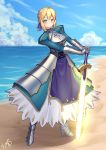 1girl absurdres ahoge armor armored_dress artoria_pendragon_(all) beach blonde_hair blush clouds fate/grand_order fate_(series) gauntlets green_eyes highres konishi_(565112307) looking_at_viewer saber sand sky smile solo sword water weapon 