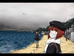  2girls alternate_costume any_(lucky_denver_mint) auburn_hair beach bird black_serafuku black_shirt black_skirt brown_eyes brown_footwear character_name clothes_writing clouds cloudy_sky eyebrows_visible_through_hair from_behind grey_legwear hat kantai_collection lighthouse loafers long_sleeves looking_at_viewer mask multiple_girls outstretched_arms pantyhose pleated_skirt sailor_collar sailor_hat scarf school_uniform seagull serafuku shirt shoes silver_hair skirt sky snow snowing walking white_scarf winter z1_leberecht_maass_(kantai_collection) z3_max_schultz_(kantai_collection) 