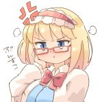  1girl :t =3 alice_margatroid anger_vein arnest bangs bespectacled blonde_hair blue_dress blue_eyes blush bow bowtie capelet commentary_request dress eyebrows_visible_through_hair frilled_hairband frills glasses hairband hand_on_own_cheek hand_up lolita_hairband long_sleeves looking_at_viewer looking_over_eyewear nose_blush puffy_sleeves red-framed_eyewear red_bow red_hairband red_neckwear short_hair simple_background solo touhou translated upper_body v-shaped_eyebrows white_background white_capelet wing_collar 