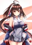 1girl ahoge american_flag american_flag_print azur_lane bare_shoulders black_skirt blue_jacket blush breasts brown_hair closed_mouth commentary_request cowboy_shot earrings eyebrows_visible_through_hair flag_print gloves hair_between_eyes hair_ornament hairband half_gloves highres independence_(azur_lane) jacket jewelry large_breasts long_hair looking_at_viewer miniskirt off_shoulder open_clothes open_jacket pleated_skirt red_eyes red_gloves ryara_vivi sideboob skirt sleeveless_jacket slit_pupils smile solo standing thighs 