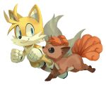  2others black_eyes blue_eyes bluekomadori canine creature creatures_(company) fox game_freak gen_1_pokemon happy nintendo no_humans pokemon pokemon_(creature) running sega shoes simple_background smile sonic_the_hedgehog specie_connection tails_(sonic) trait_connection vulpix white_background 