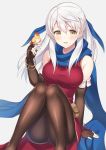  1girl bangle bare_shoulders bird black_gloves blue_scarf bracelet dress elbow_gloves fingerless_gloves fire_emblem fire_emblem:_akatsuki_no_megami fire_emblem_heroes gloves hair_ribbon half_updo jewelry micaiah nintendo pantyhose ribbon scarf shiyo_yoyoyo side_slit silver_hair sleeveless sleeveless_dress solo yellow_eyes yune 