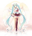  1girl absurdly_long_hair absurdres angel_wings blue_eyes blue_hair blue_nails blue_neckwear blush detached_sleeves eyebrows_visible_through_hair falling feathered_wings fingernails floating frilled_skirt frills full_body gradient gradient_background half-closed_eyes happy hatsune_miku head_tilt headset highres holding holding_paper long_hair looking_away nail_polish necktie nokuhashi paper reflection sheet_music shirt simple_background skirt sleeveless sleeveless_shirt smile solo standing thigh-highs thighs twintails very_long_hair vocaloid white_background wings 