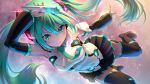  1girl arm_up detached_sleeves green_eyes green_hair hair_between_eyes hatsune_miku headset highres long_hair microphone necktie pinakes pleated_skirt skirt smile solo thigh-highs twintails very_long_hair vocaloid 