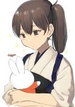  1girl brown_eyes brown_hair doll highres holding holding_doll japanese_clothes kaga_(kantai_collection) kantai_collection long_hair looking_at_doll masukuza_j miffy miffy_(character) muneate side_ponytail simple_background solo tasuki twitter_username upper_body white_background 