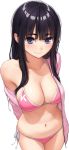  1girl arms_behind_back bangs bikini black_hair blue_eyes blunt_bangs blush breasts cleavage closed_mouth cowboy_shot eyebrows_visible_through_hair homunculus_(artist) jacket large_breasts long_hair navel off_shoulder open_clothes open_jacket original pink_bikini side-tie_bikini sidelocks simple_background smile solo string_bikini swimsuit white_background 