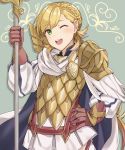  1girl armor blonde_hair braid brown_gloves cape crown_braid fire_emblem fire_emblem_heroes gloves green_eyes haru_(nakajou-28) holding holding_weapon intelligent_systems long_hair long_sleeves nintendo one_eye_closed open_mouth polearm sharena skirt solo weapon white_skirt 