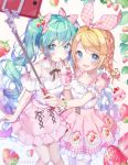  2girls aqua_eyes aqua_hair bangs blonde_hair blue_eyes blush bow braid earrings food food_print food_themed_earrings food_themed_hair_ornament fruit hair_bow hair_ornament hair_ribbon hairclip hatsune_miku highres jewelry kagamine_len long_hair macaron multiple_girls nail_polish open_mouth pink_skirt ribbon selfie_stick shiori_(xxxsi) sidelocks skirt smile strawberry strawberry_earrings strawberry_hair_ornament strawberry_print thigh-highs twintails very_long_hair vocaloid white_background 