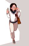  1girl 49s-aragon bag black_hair blush cup drinking_straw food full_body glasses grey_footwear holding holding_cup holding_food leg_up long_sleeves medium_hair original pants shoes solo 