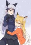  2girls :o ;o animal_ears black_gloves black_neckwear black_shirt black_skirt blazer blonde_hair bow bowtie breasts brown_eyes commentary darknessukaru eyebrows_visible_through_hair ezo_red_fox_(kemono_friends) fox_ears fox_tail fur-trimmed_sleeves fur_trim gloves gradient_hair grey_hair highres jacket kemono_friends kneeling looking_at_another miniskirt multicolored_hair multiple_girls navy_blue_jacket necktie one_eye_closed open_mouth orange_jacket outdoors pantyhose parted_lips pleated_skirt shirt silver_fox_(kemono_friends) silver_hair skirt snow snowflakes standing tail white_neckwear white_skirt yellow_eyes 