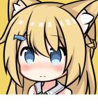  animal_ear_fluff animal_ears bangs bare_shoulders blonde_hair blue_eyes blush braid cat_ears closed_mouth commentary_request copyright_request eyebrows_visible_through_hair fish_hair_ornament hair_between_eyes hair_ornament long_hair nagato-chan nose_blush portrait sailor_collar simple_background smile virtual_youtuber white_sailor_collar yellow_background 