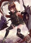  1girl absurdres armor bangs black_legwear breasts brown_hair closed_mouth dual_wielding elbow_gloves fighting_stance forte_(shingeki_no_bahamut) gloves highres holding holding_spear holding_weapon horns large_breasts long_hair looking_at_viewer nekobell pointy_ears polearm red_eyes shadowverse shingeki_no_bahamut skirt smile solo spear thigh-highs weapon 