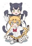  2girls animal_ears animal_print appleq bangs behind_another black_hair black_leopard_(kemono_friends) black_shirt blonde_hair blush bow bowtie breast_pocket commentary_request extra_ears eyebrows_visible_through_hair full_body gloves green_eyes grin hair_lift hand_on_own_chin hand_on_own_leg hand_up hands_up highres holding holding_hair indian_style kemono_friends kneeling leopard_(kemono_friends) leopard_ears leopard_print leopard_tail lifted_by_another long_hair looking_at_viewer multicolored_hair multiple_girls open_mouth pocket print_gloves print_legwear print_skirt red_neckwear shirt shoes short_sleeves sidelocks simple_background sitting skirt smile tail thigh-highs twintails v-shaped_eyebrows white_background white_hair white_shirt yellow_eyes zettai_ryouiki 