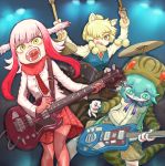  3girls :&lt; absurdres adapted_costume alpaca_ears alpaca_suri_(kemono_friends) animal_ear_fluff animal_ears arms_up bangs bara_bara_(pop_pop) bird_wings blonde_hair buttons closed_mouth commentary_request contemporary drum drumming drumsticks electric_guitar eyebrows_visible_through_hair floating_hair fur-trimmed_sleeves fur_collar fur_trim gloves green_eyes green_hair guitar hair_between_eyes hair_over_one_eye head_wings highres holding holding_instrument hood hood_up hoodie horizontal_pupils instrument jacket japanese_crested_ibis_(kemono_friends) kemono_friends long_hair long_sleeves looking_at_viewer looking_down multicolored multicolored_eyes multicolored_hair multiple_girls music neck_ribbon necktie open_mouth pantyhose pink_hair plaid plaid_skirt playing_instrument pleated_skirt plectrum pocket red_gloves red_legwear redhead ribbon shirt shorts skirt slit_pupils snake_tail standing striped_hoodie striped_tail sweater_vest tail tsuchinoko_(kemono_friends) two-tone_hair wings yellow_eyes 