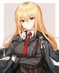  1girl badge belt black_coat black_shirt blonde_hair breast_hold breasts buttons closed_mouth coat collared_shirt grey_background hair_between_eyes hand_up head_tilt highres jacket_on_shoulders kinona long_hair long_sleeves looking_at_viewer medium_breasts military military_uniform open_clothes open_coat original red_eyes shirt smile solo two-tone_background undershirt uniform upper_body v-shaped_eyebrows white_background white_shirt wing_collar 