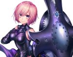  1girl absurdres armored_leotard black_leotard breasts breasts_apart eyebrows_visible_through_hair fate/grand_order fate_(series) faulds gauntlets hair_between_eyes highres kamuinii leotard looking_at_viewer mash_kyrielight medium_breasts pink_hair shield shiny shiny_hair short_hair simple_background smile solo upper_body violet_eyes white_background 