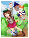  1girl :d backpack bag bangs brown_eyes brown_hair bush closed_eyes clouds cloudy_sky commentary_request creatures_(company) d: fangs female_protagonist_(pokemon_swsh) full_body game_freak gen_8_pokemon green_hat grookey gym hand_up hat highres holding holding_poke_ball long_sleeves nintendo open_eyes open_mouth outdoors poke_ball poke_ball_(generic) pokemon pokemon_(creature) pokemon_(game) pokemon_swsh scorbunny shirt short_hair sky smile sobble tam_o&#039;_shanter upper_teeth user_rkfm8822 victory_pose 