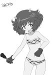  1girl akiyama_yukari animal_print bikini explosive girls_und_panzer gloves grenade hadzuki_haru highres horns messy_hair monochrome oni oni_horns setsubun short_hair simple_background solo swimsuit tiger_print younger 