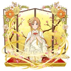  1girl asuna_(sao) brown_eyes brown_hair cherry_blossoms cup flower gradient_kimono highres holding holding_cup japanese_clothes kimono kneeling long_sleeves looking_at_viewer official_art orange_flower orange_rose rose sakazuki short_hair_with_long_locks sidelocks smile solo sword_art_online transparent_background white_flower white_kimono white_rose wide_sleeves yellow_flower yellow_kimono yellow_rose 