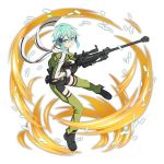 1girl black_gloves black_shorts blue_eyes blue_hair fingerless_gloves full_body gloves green_jacket green_legwear gun hair_between_eyes hair_ornament hairclip highres holding holding_gun holding_weapon jacket leggings long_sleeves looking_at_viewer official_art parted_lips pgm_hecate_ii rifle scarf shiny shiny_hair short_hair short_shorts shorts sinon sniper_rifle solo sword_art_online thigh_strap transparent_background weapon white_scarf 