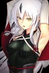 armor arms_behind_head breasts elbow_gloves fate_(series) gloves i-pan koha-ace looking_at_viewer open_mouth sleeveless white_gloves white_hair yellow_eyes 