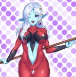  blue_skin breasts demon_girl dragon_ball dragon_ball_heroes dragon_ball_xenoverse earrings fangs highres jewelry moguro_(qianchul) one_eye_closed pointy_ears smile towa_(dragon_ball) under_boob violet_eyes white_hair 