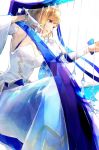  1girl blonde_hair blue_ribbon breasts detached_sleeves dress europa_(granblue_fantasy) from_below granblue_fantasy hair_ribbon harp instrument long_dress medium_breasts music playing_instrument ribbon short_hair sitting sleeveless sleeveless_dress solo tomoaki_(coconon) violet_eyes white_background white_dress white_sleeves 