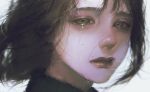  1girl blurry brown_eyes brown_hair crying crying_with_eyes_open depth_of_field diao_(sen_zoku) eyelashes face highres lips messy_hair mole muted_color nose original parted_lips portrait realistic sad solo tears 
